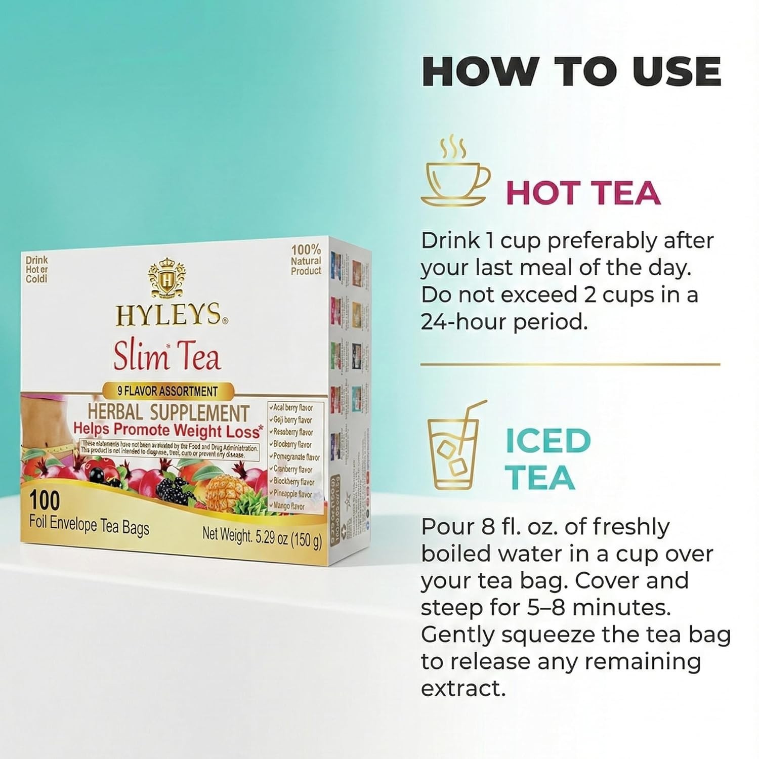 HYLEYS Slim Tea 9 Flavor Assortment 100 Ct – Weight Loss Herbal Supplement Clean