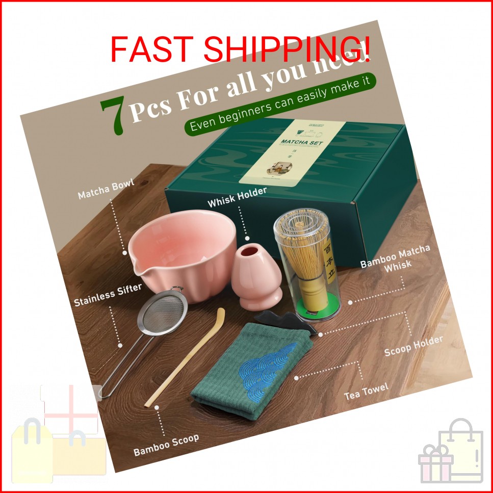 Renmxj Matcha Whisk Set,7 PCS Ceramic Matcha Kit Includes Matcha Bowl with Spout