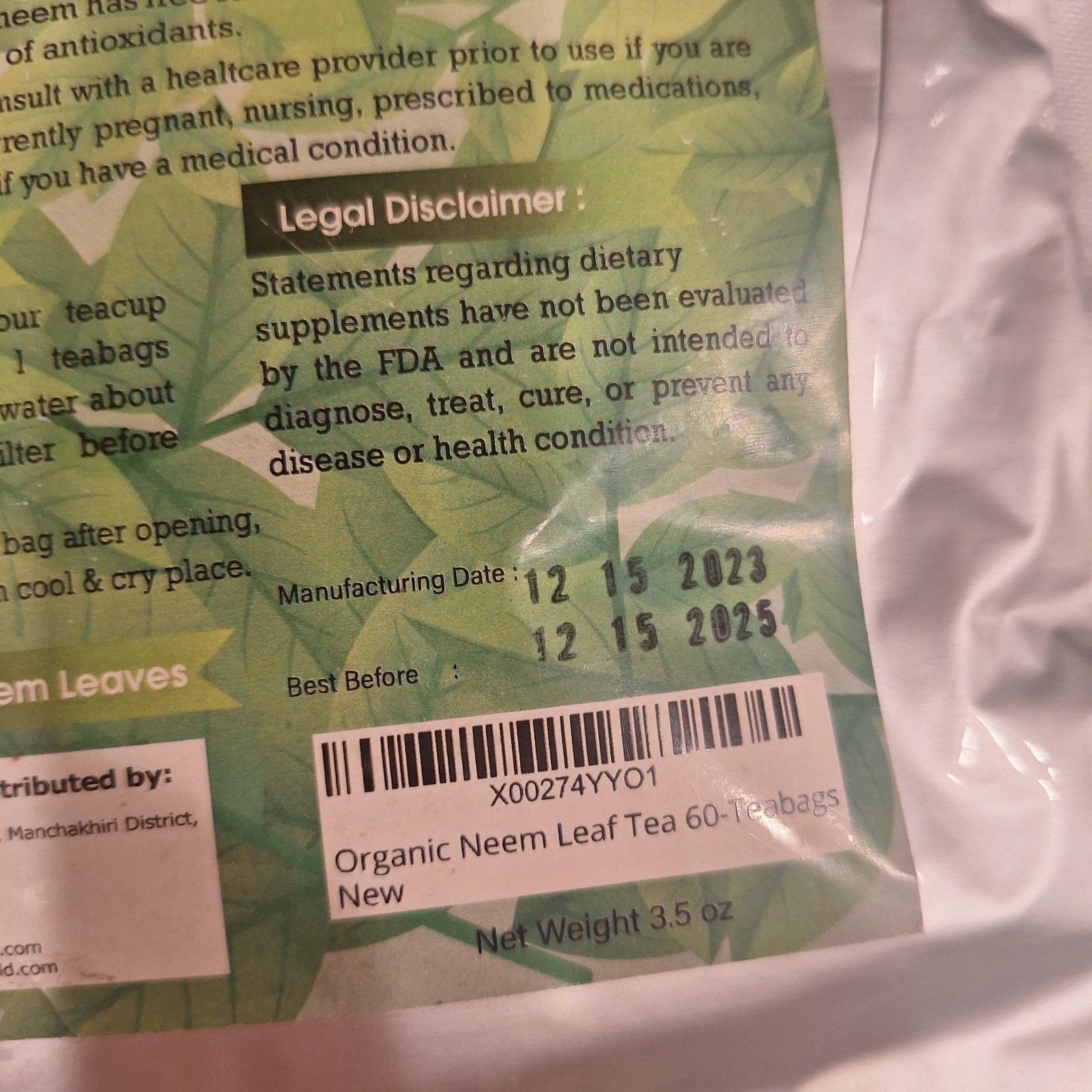 Neem Leaf Tea 60 Tea Bags Krittiya Garden 12/2025 Natural Wild Organic