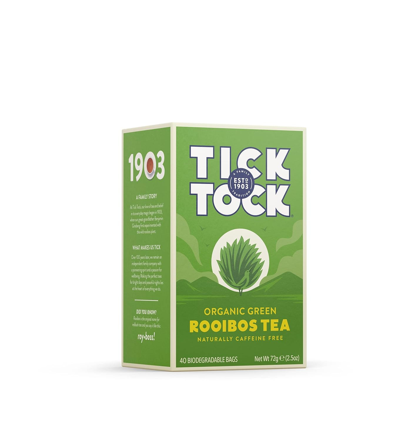 TICK TOCK TEAS Naturally Caffeine Free Red Bush Herbal Green Tea, 40 Count, Orga