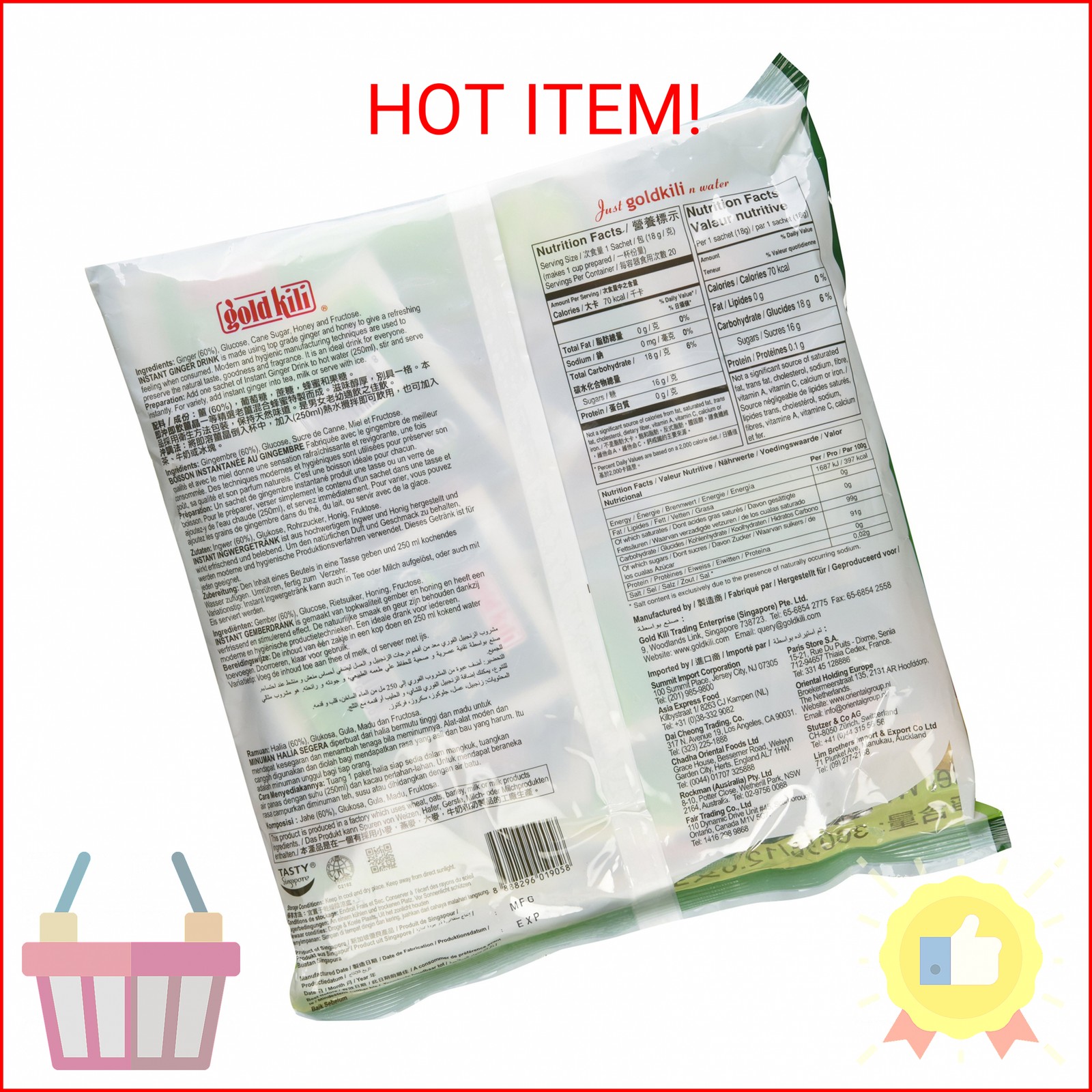 Ginger Drink Gold Kili 40 Sachets Packed in 2 Bags, 12.6 oz (With Honey)