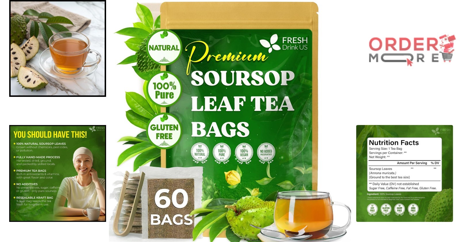 Herbal Soursop Leaf Tea Bags 60 Count Caffeine Free Gluten Free