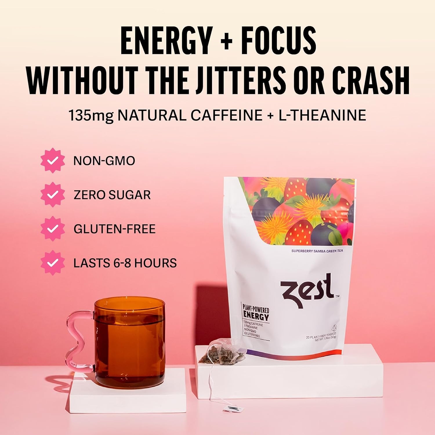 Zest Energy Superberry Samba Green Tea 20 Bags 135mg Caffeine Keto Friendly