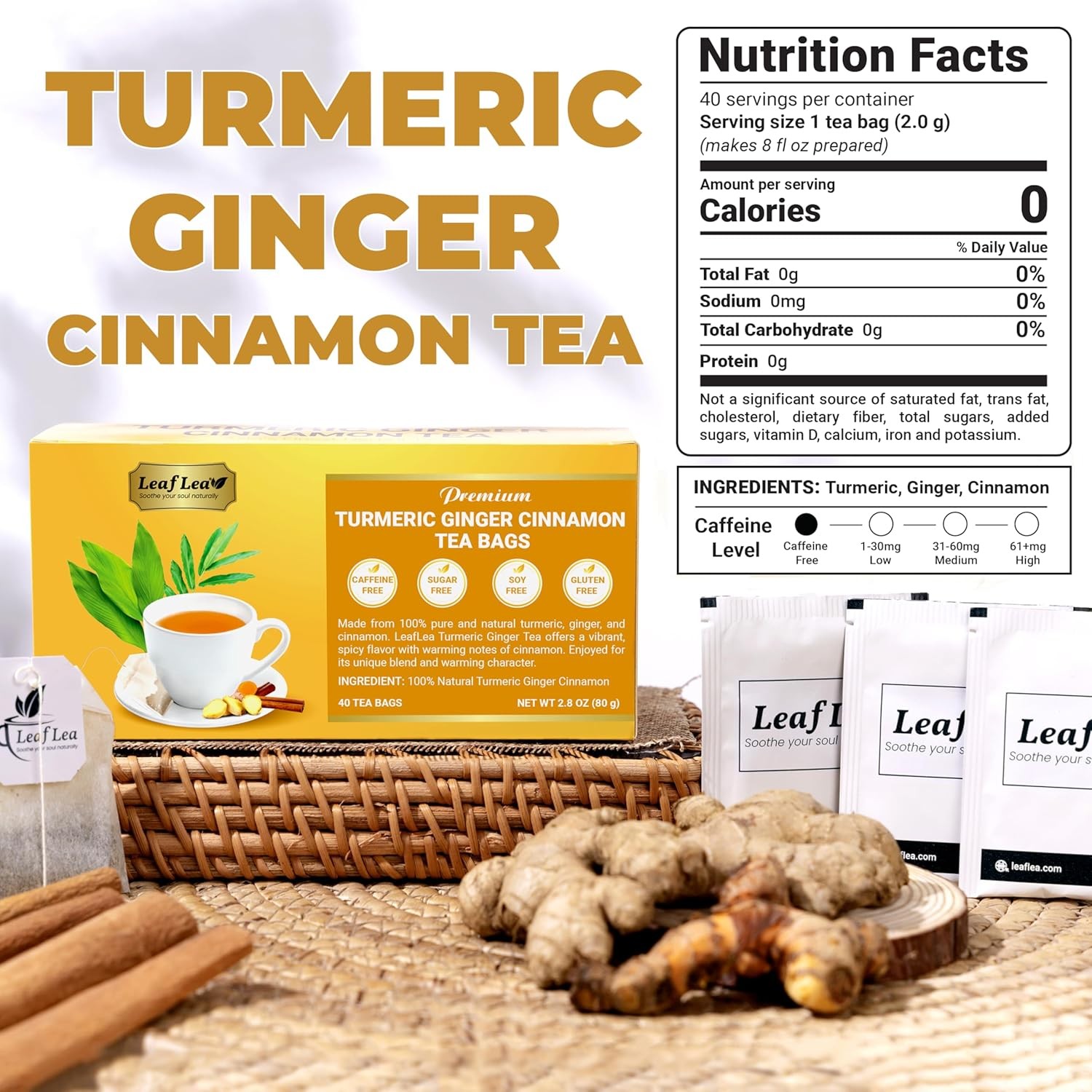 LeafLea 40 Turmeric Ginger Cinnamon Tea Bags, 100% Natural Ingredients Herbal Te