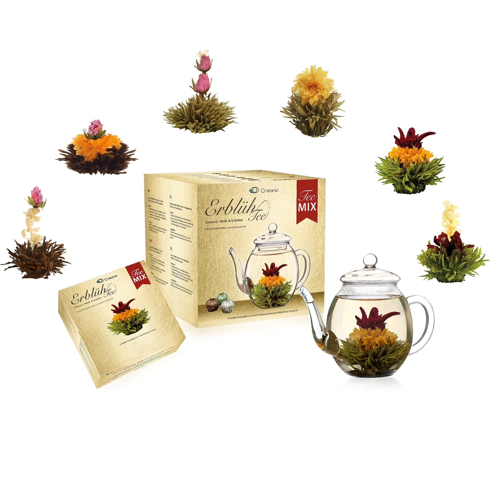 Tea Flowers Mix Golden Gift Set Blooming Tea with Glass Teapot White, Green &…