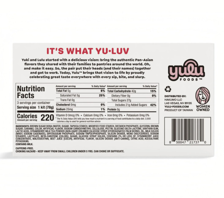 Yulu Foods Instant Boba Strawberry Milk Tea, Bubble Tea Kit, 3 Drinks