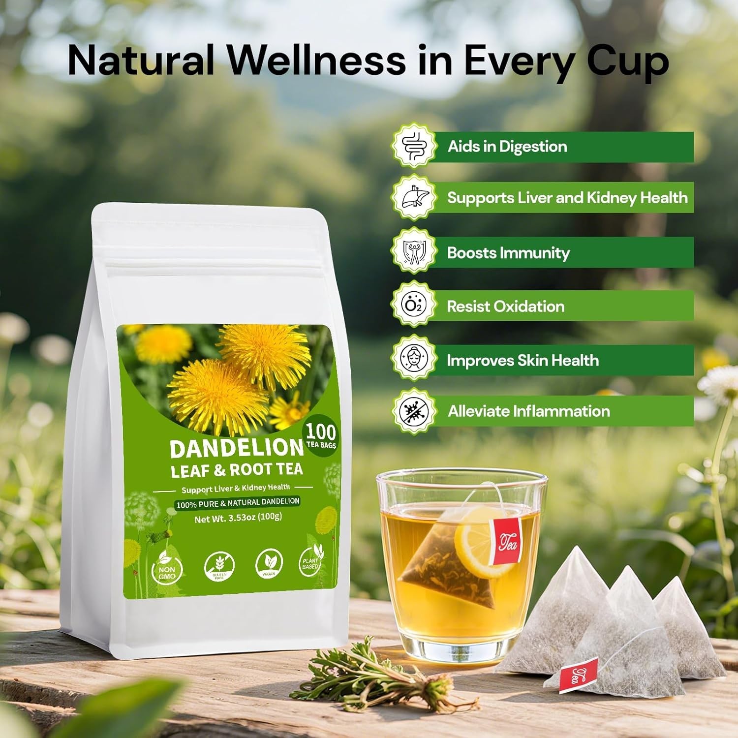 BeleePlanner Dandelion Leaf And Root Tea Bags, Natural Tea, 2 Pack/100 Bags
