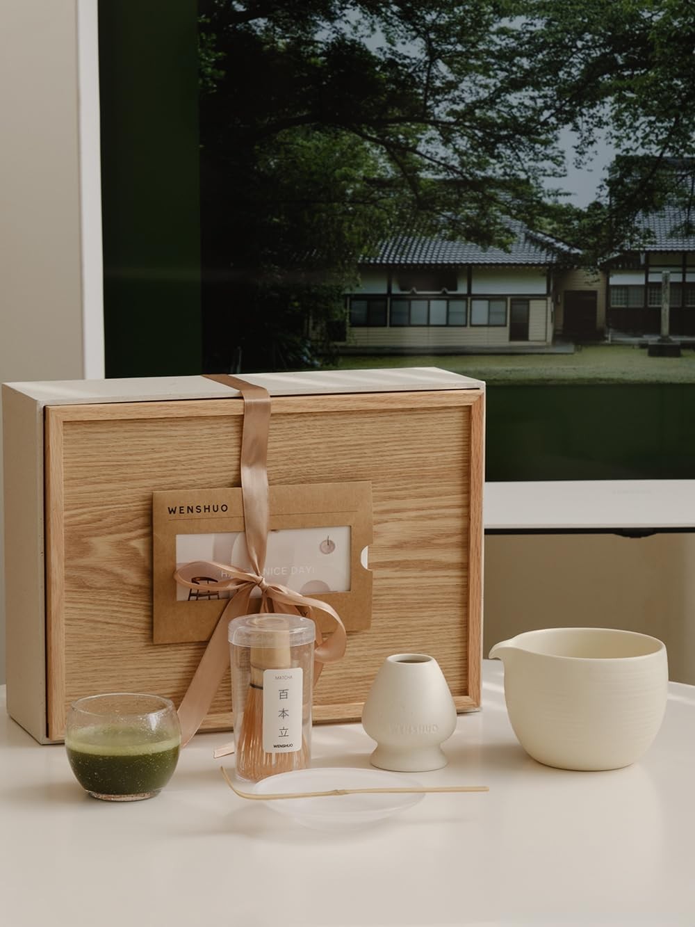 WENSHUO Matcha Whisk Sets (Matte Crème) with Wooden Tray and Ribbon Gift Box …