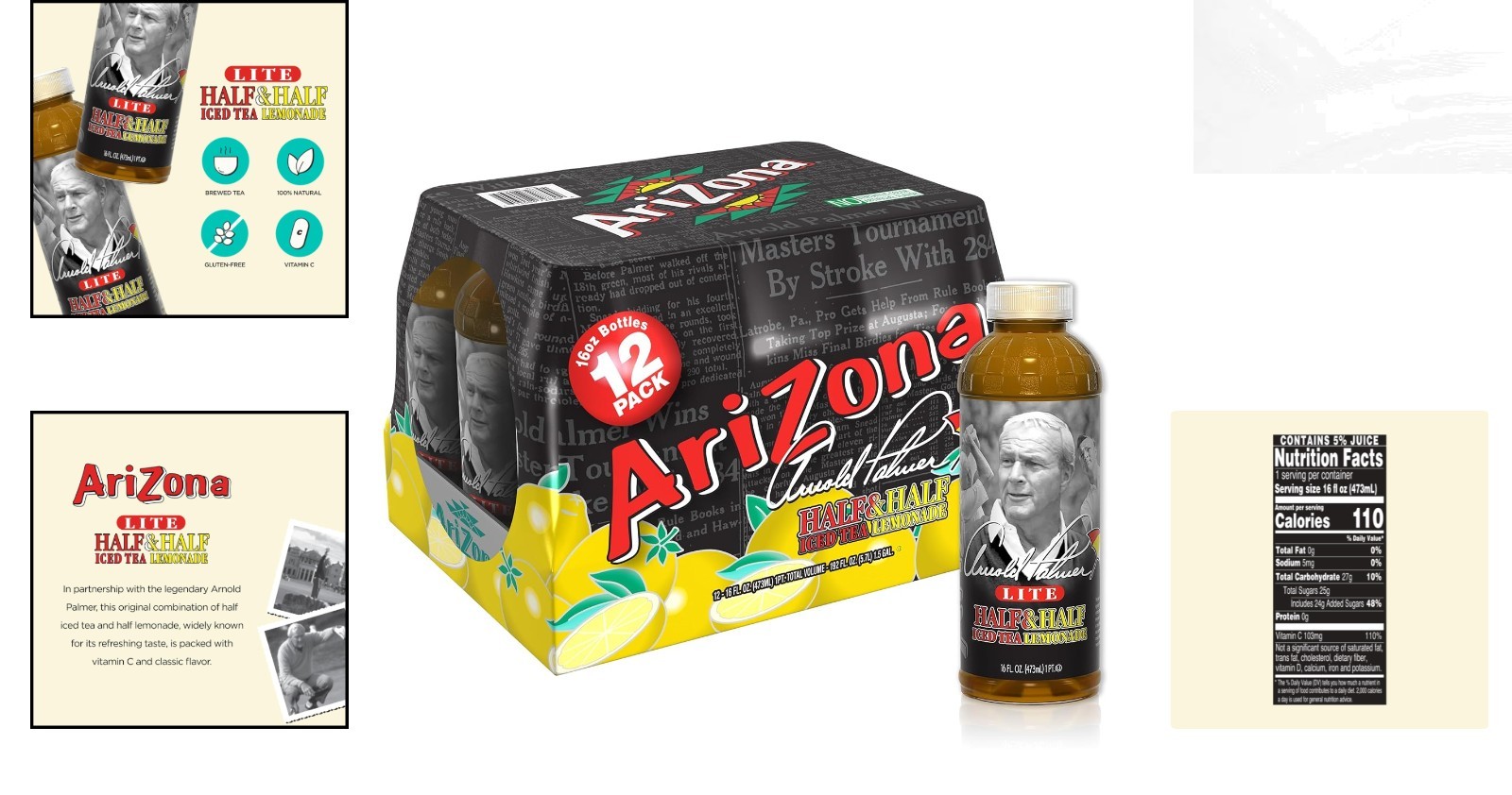Natural Arnold Palmer Tea – 16oz Bottles, 12-Count, Low Calorie Refreshment