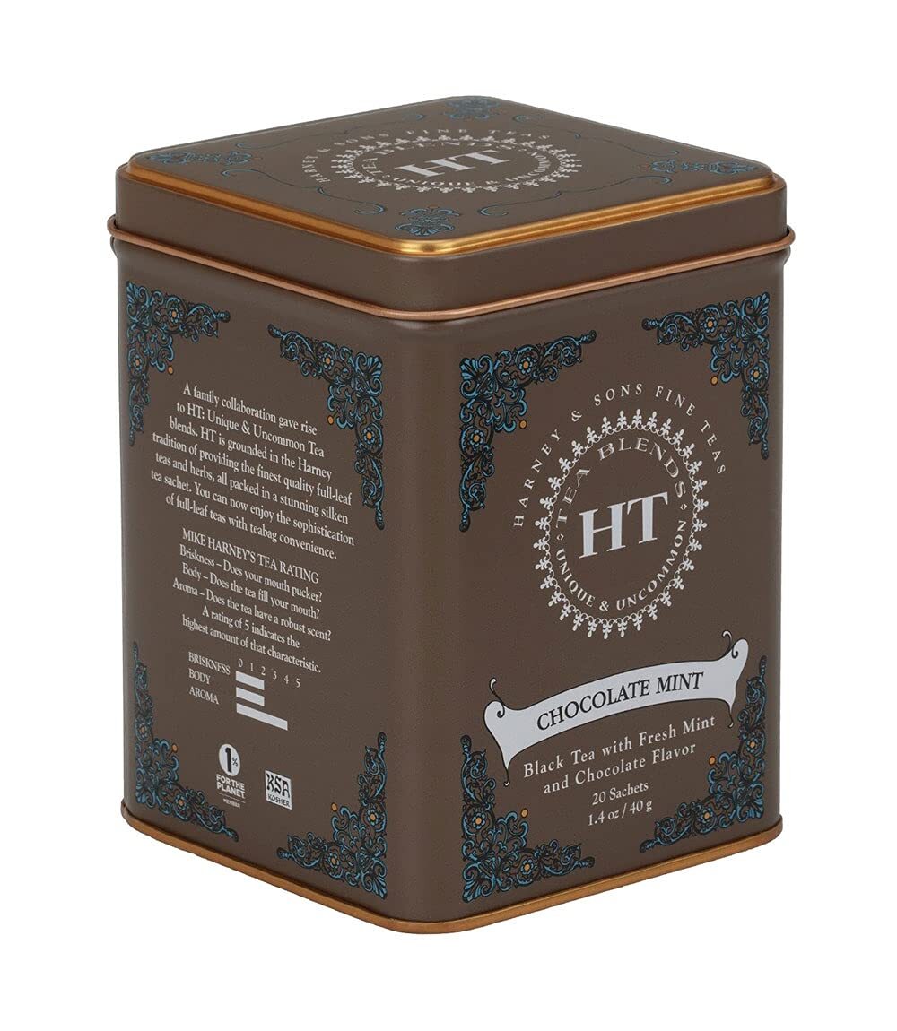 Harney and Sons Chocolate Mint, Flavored Black Tea – 20 Sachets per Tin