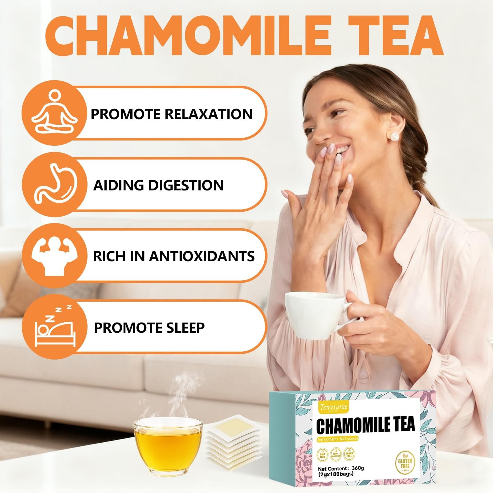 Natural Chamomile Tea Bags – 180 Count, Caffeine-Free, Digestive Aid, Vegan, Eco