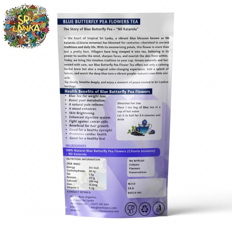 Natural Organic Pure Blue Butterfly Pea Flowers Nil Katarolu Herbal 30 Tea Bags