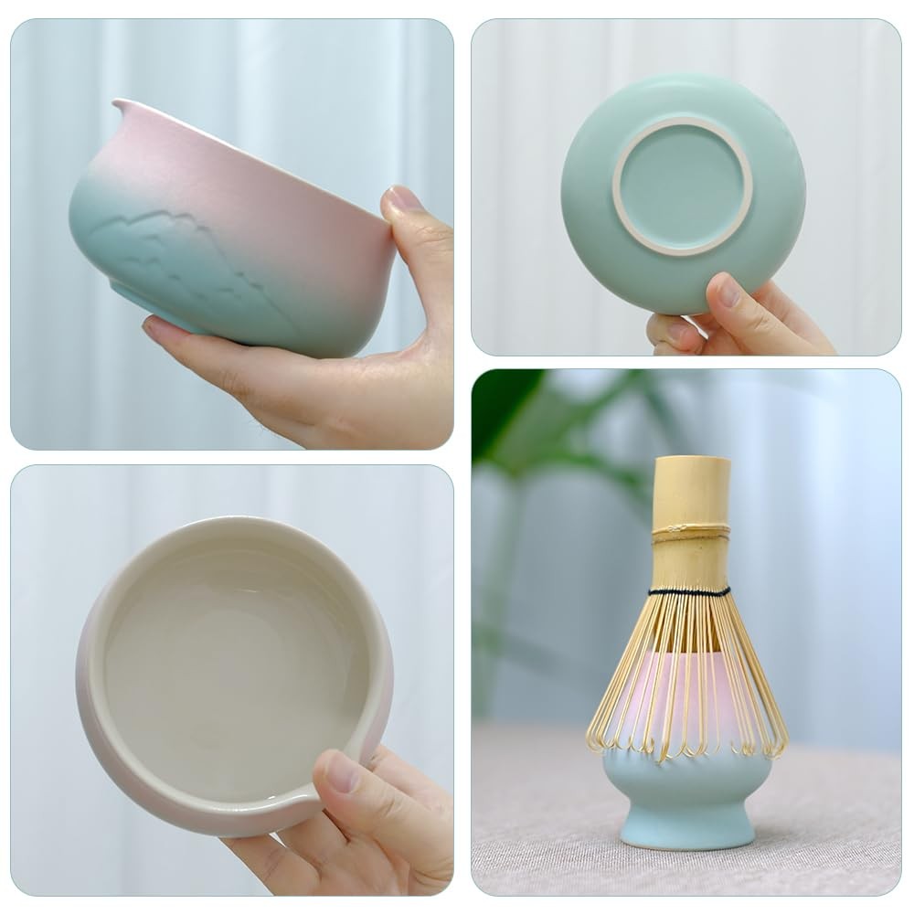 Matcha Whisk Set Japanese Tea Ceremony Kit 18 Oz Bowl 8 Pc Pink Green