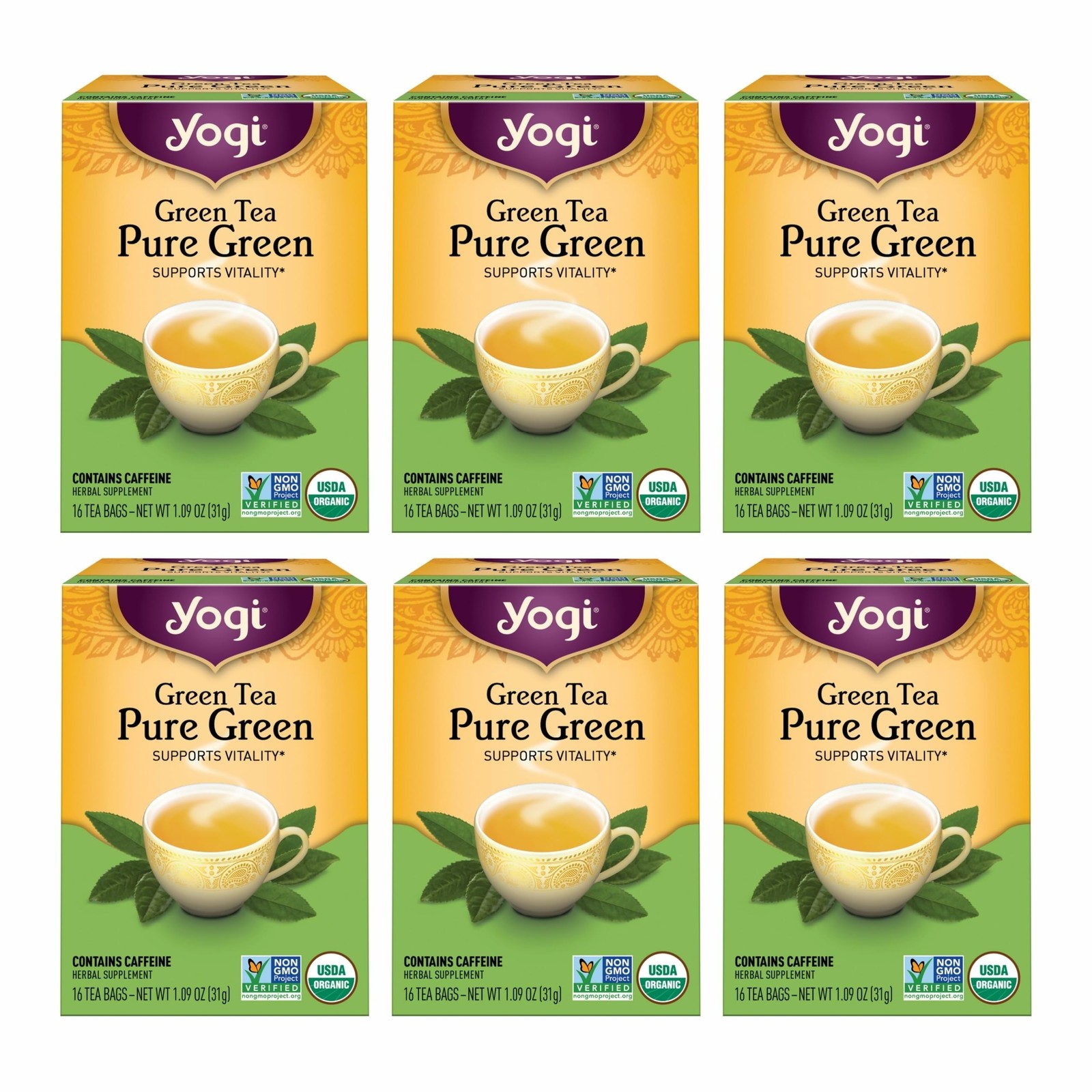 Yogi Tea Pure Green – 16 Bags per Pack (6 16 Count (Pack of 6), Yellow