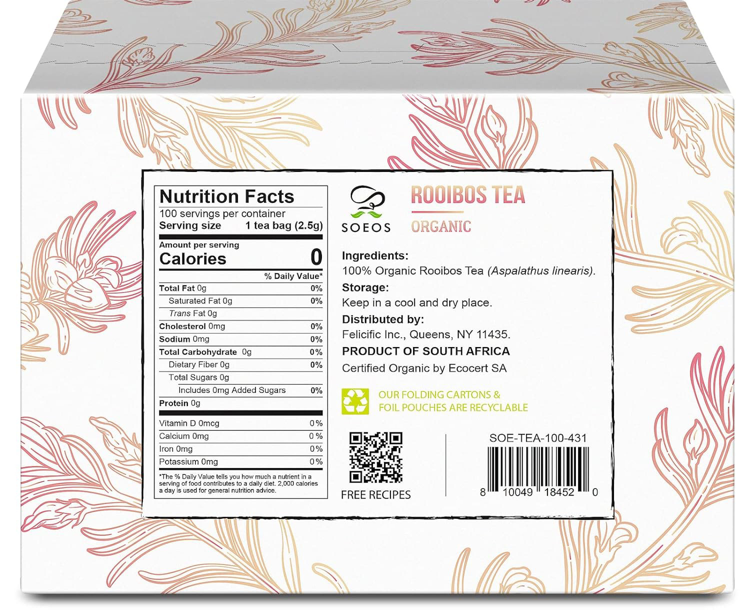 Soeos Rooibos Tea, Rooibos Tea Organic, Rooibos Tea Bags 100 Count, Naturally in
