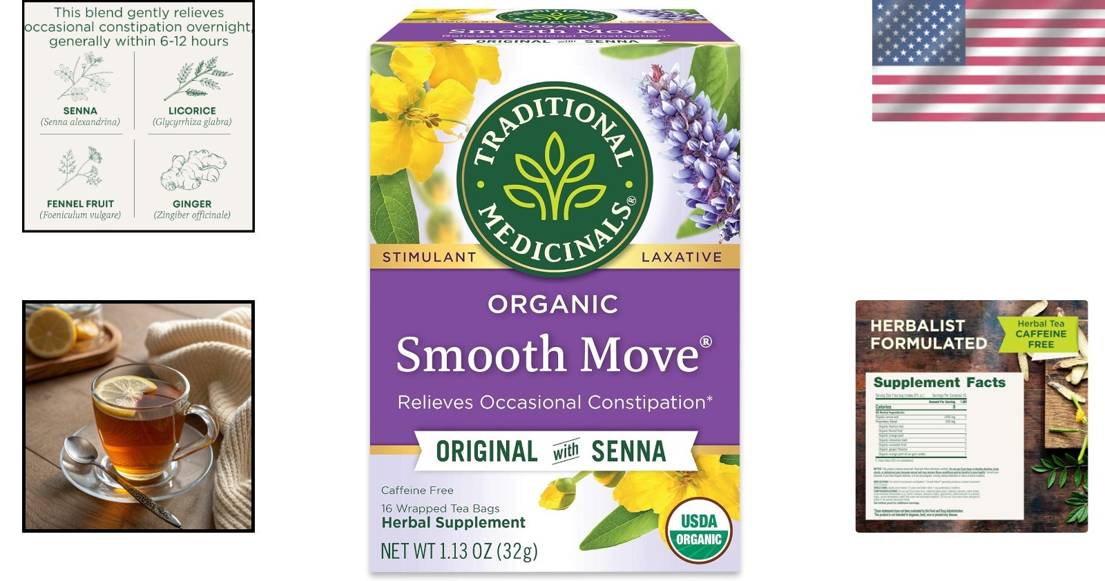 Caffeine-Free Organic Smooth Move Herbal Tea – 16 Bags for Gentle Comfort
