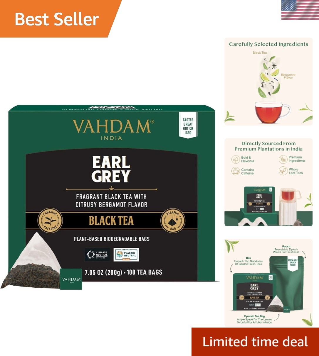Flavored Black Tea Bags – Earl Grey with Bergamot, 100 Count, Biodegradable Bags