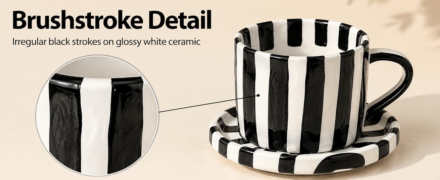 Black and White Striped Tea Cup and Saucer Set of 2, 8 oz Ceramic Coffee Mugs