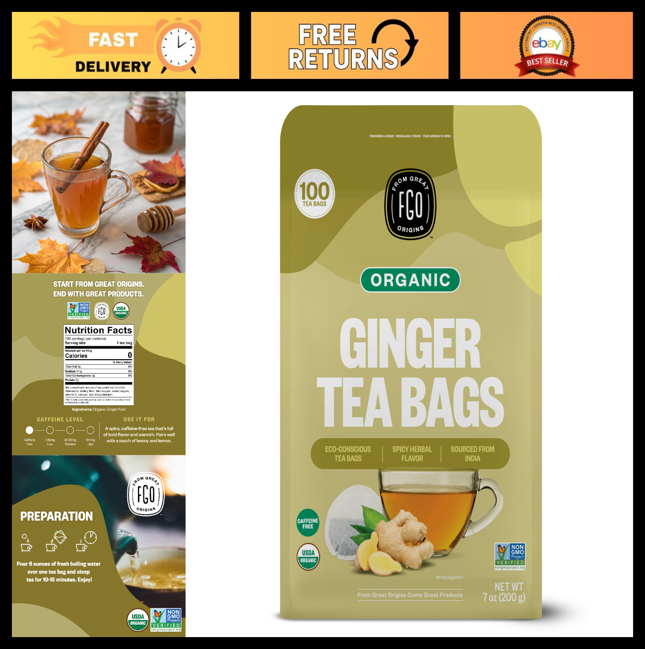 Organic Ginger Tea Bags – 100 Count, Eco-Friendly, Resealable Packaging, Herbal