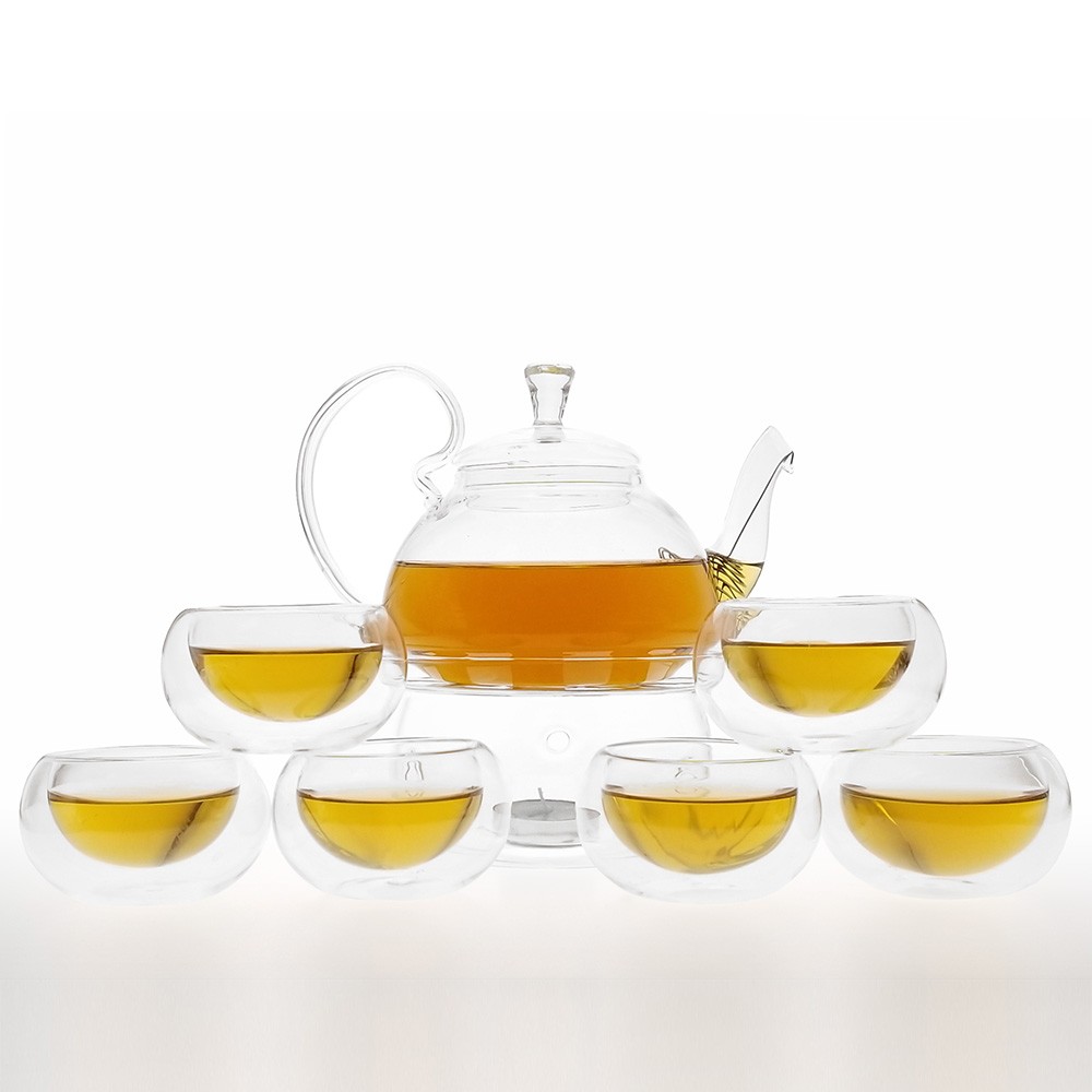 NEW! TEAOLOGY FIORE BOROSILICATE GLASS TEAPOT KETTLE AND 6 CUP SET