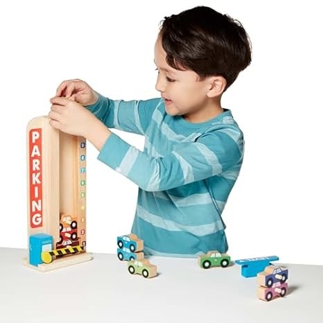 Melissa & Doug Wooden Parking Garage Toy with 10 Cars ? Stack & Count Fun