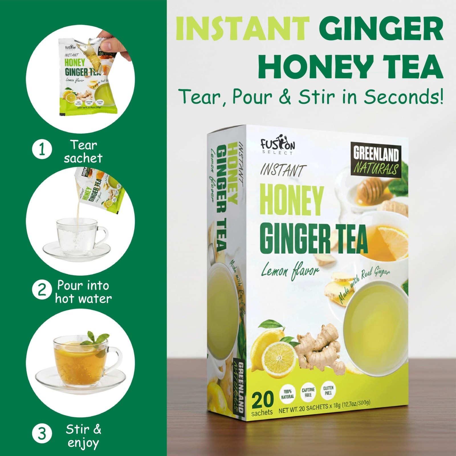 Ginger Honey Crystals – 40 Sachets Instant Drink Mix – Caffeine-Free Crystallize