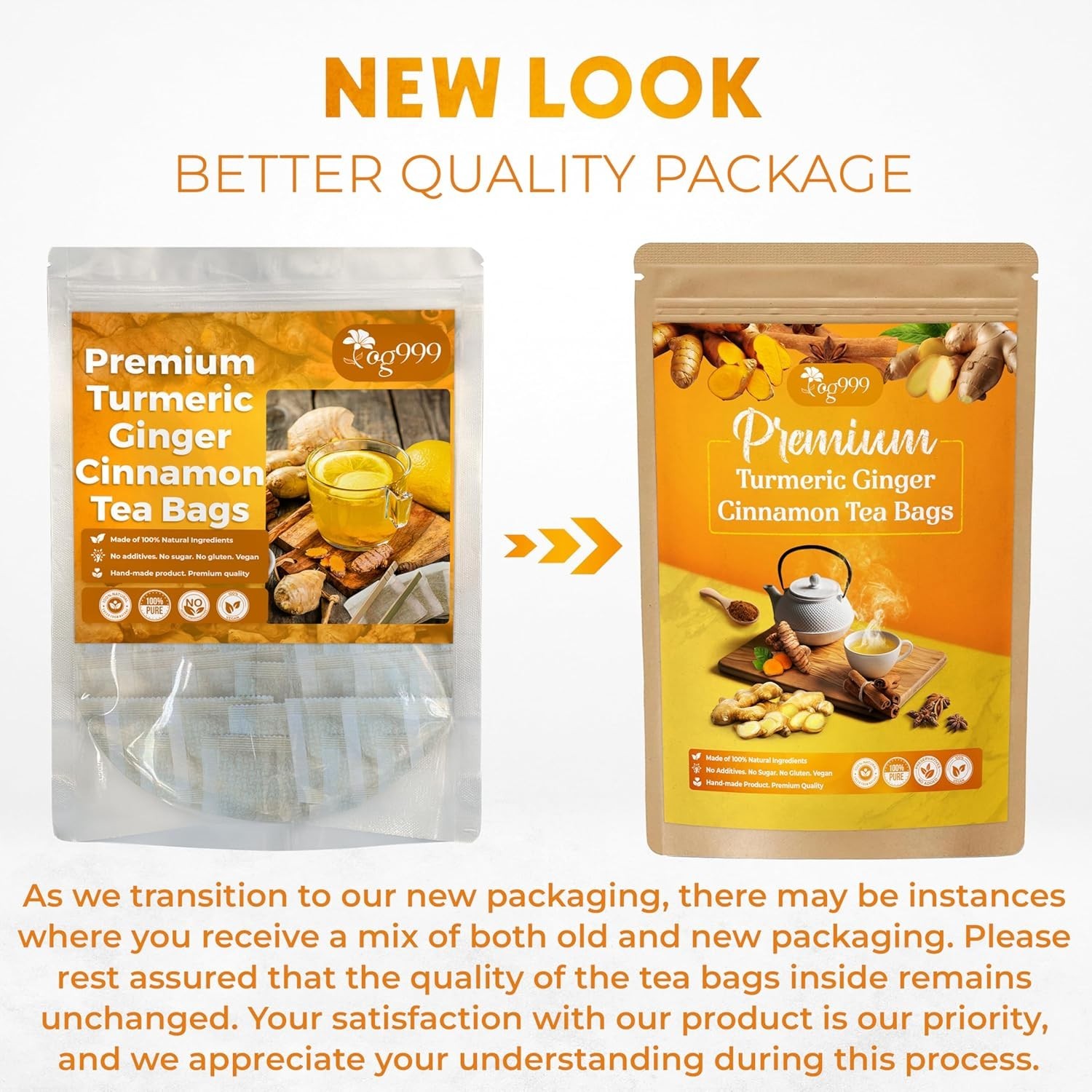 Natural Turmeric Ginger Herbal Tea Bags – 60 Count for Digestion & Brain Support