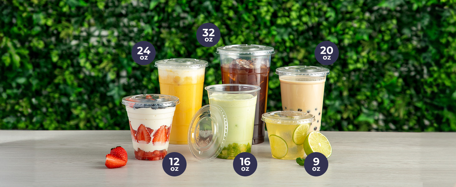 100 Pack 16 oz Plastic Iced Coffee Cups with Flat Lids and Black Straws,