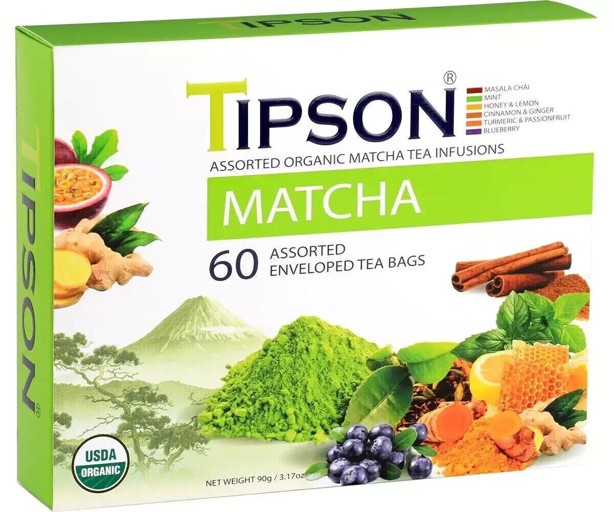 Tipson Organic MATCHA Variety Tea Sampler (60 Tea Bags), Green Tea Infusions