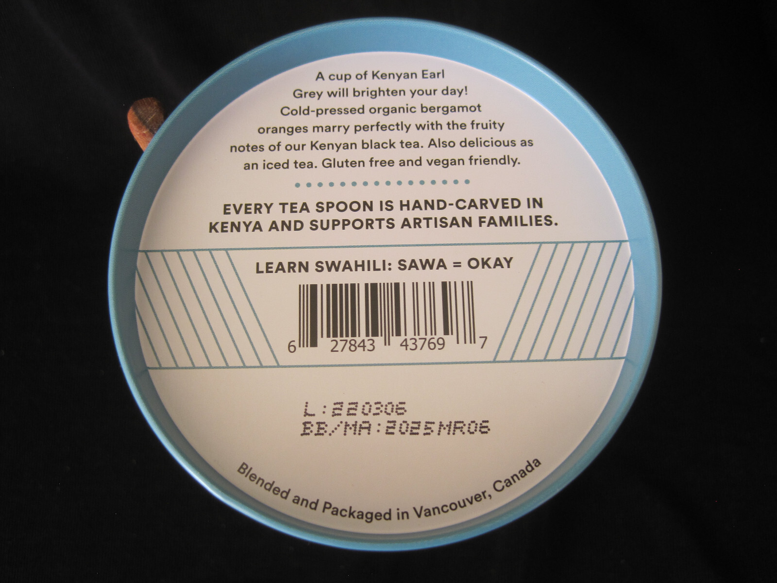 Sealed JUSTEA Kenyan Earl Grey Loose Leaf Black Tea 3.2 Oz 90g Wood Spoon