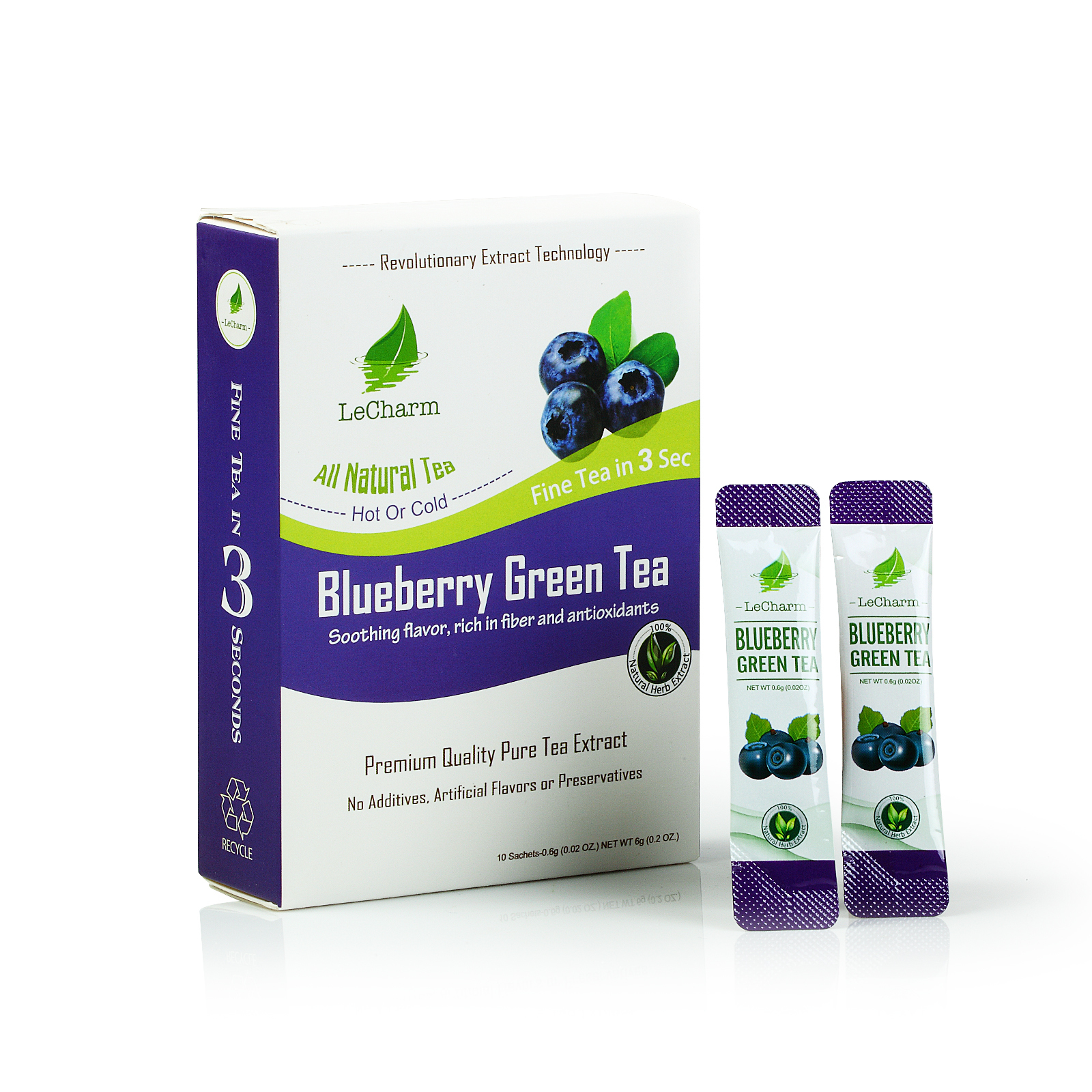 Premium 100% Natural Blueberry Organic Green Tea Sugar Free (10 Sachests)