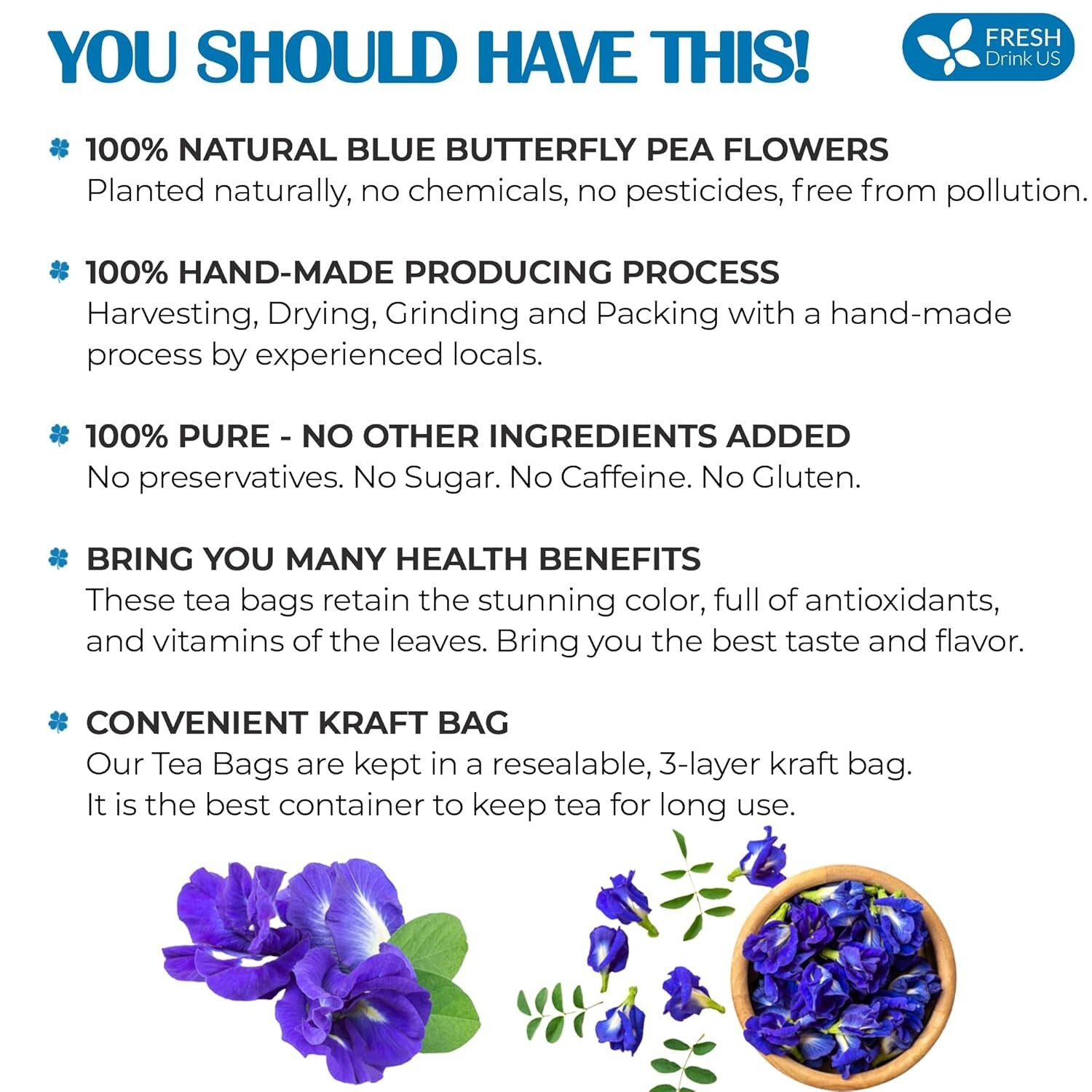 30 Butterfly Pea Flowers Tea Bags, Pure Dried Butterfly Pea Flower, Herbal Tea