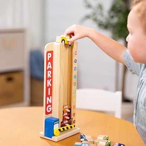 Melissa & Doug Wooden Parking Garage Toy with 10 Cars ? Stack & Count Fun