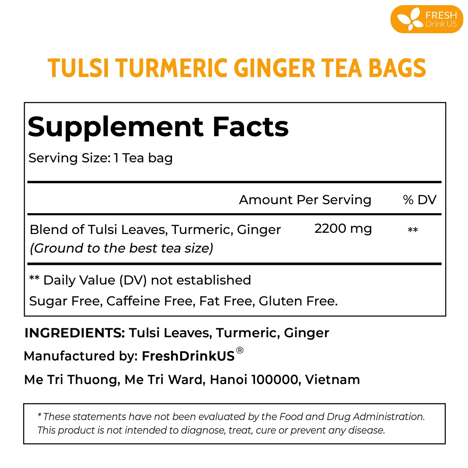 FreshDrinkUS, Premium 55 Tulsi Turmeric Ginger Tea Bags, 100% Natural & Pure fro