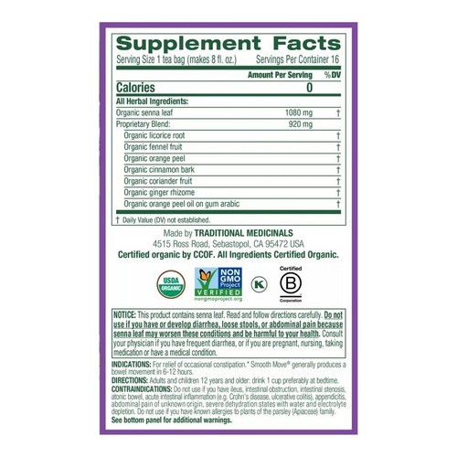 Organic Smooth Move Tea 16 bags By Traditional Medicinals
