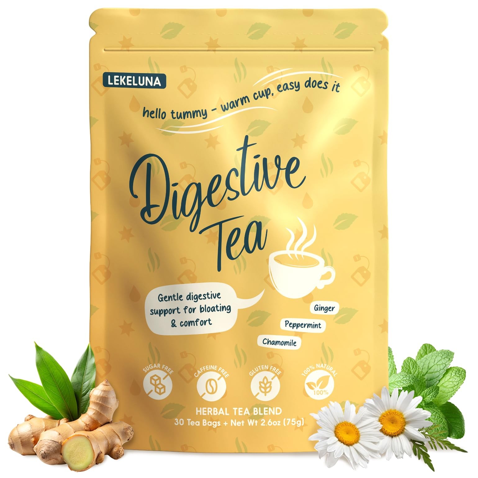 Lekeluna Digestive Tea – Ginger Peppermint Herbal Tea, Caffeine-Free Peppermi…
