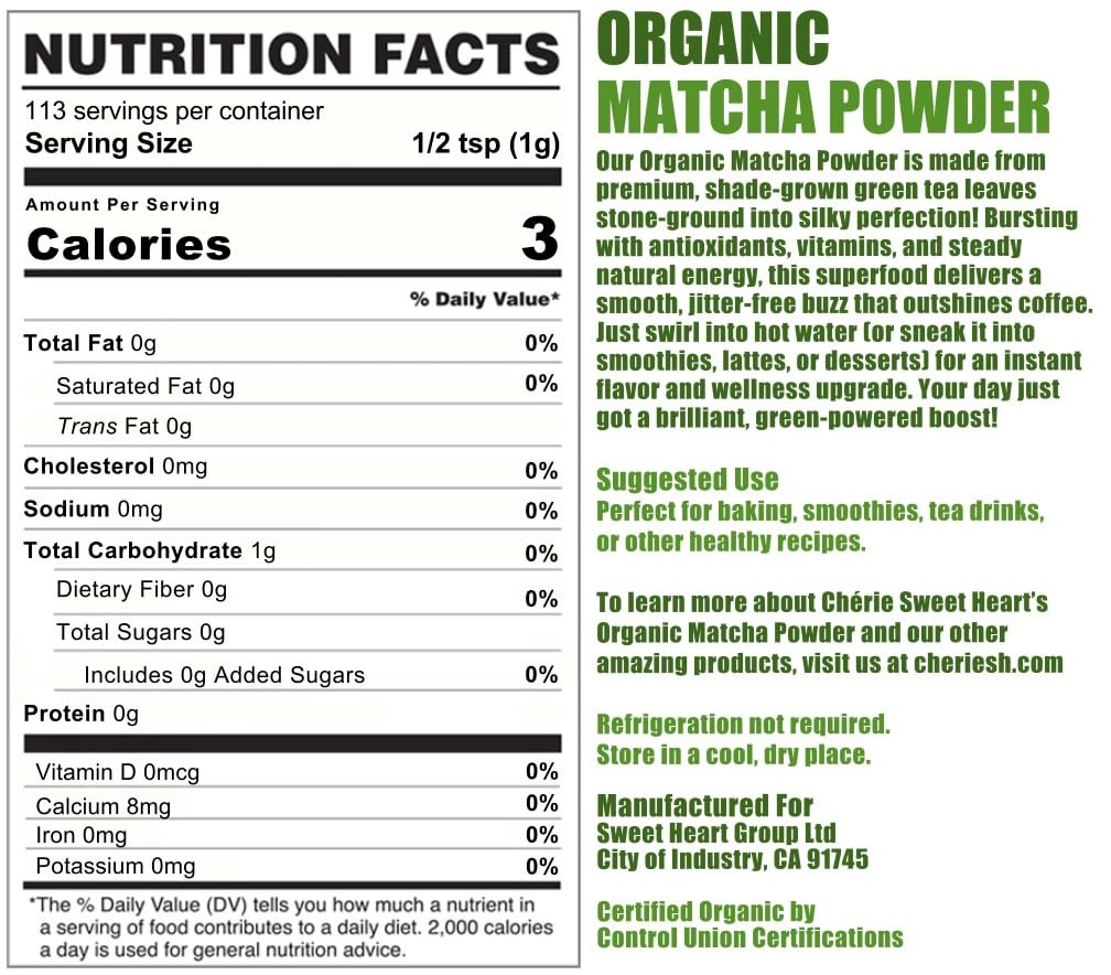 Cherie Sweet Heart Organic Matcha Green Tea Powder – Premium Culinary Grade, Aut