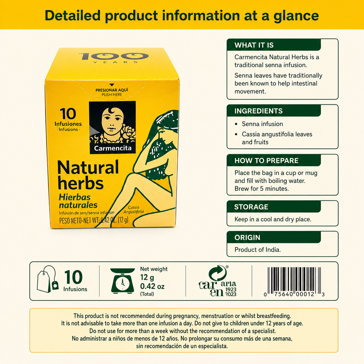 Carmencita Natural Herbs Senna Tea 10 Bags Each Herbal Infusion