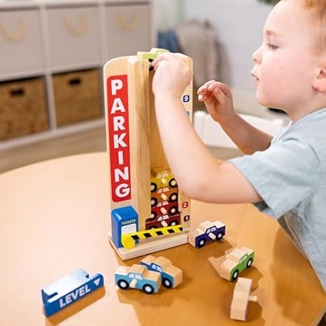 Melissa & Doug Wooden Parking Garage Toy with 10 Cars ? Stack & Count Fun