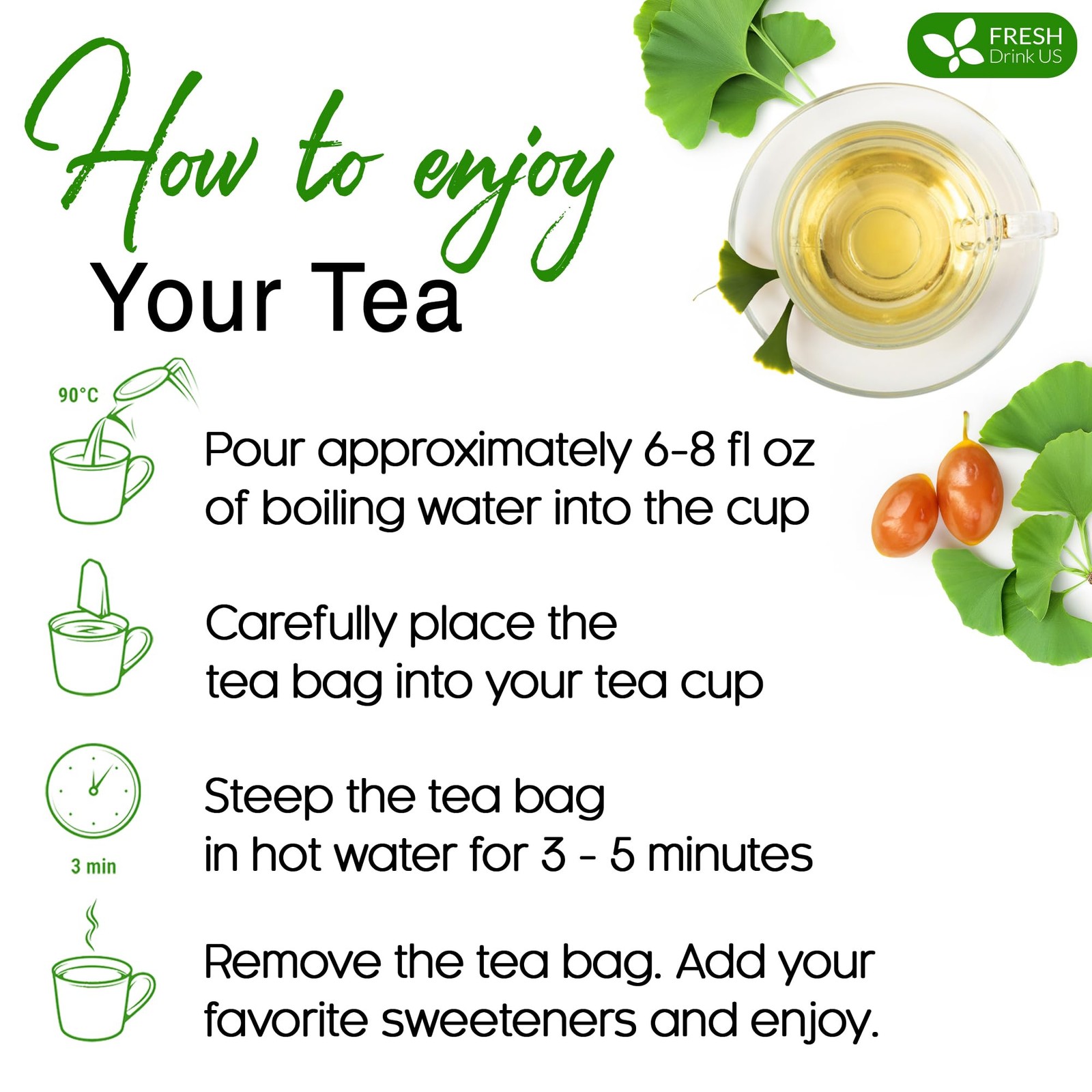 FreshDrinkUS, Premium 75 Ginkgo Biloba Leaf Tea Bags, 100% 75 Bags