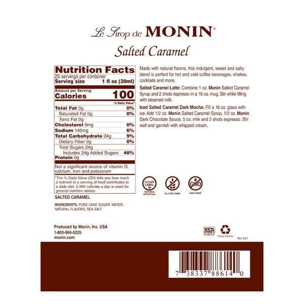 Monin Salted Caramel Syrup (750mL), H-Caramel, Salted