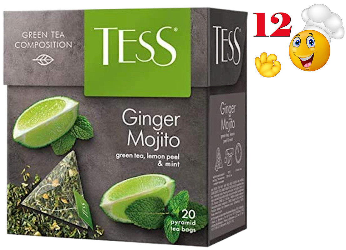 Tess Green Tea GINGER MOJITO with LEMON PEEL & MINT 12 Boxes X 20 Pyramids NOGMO