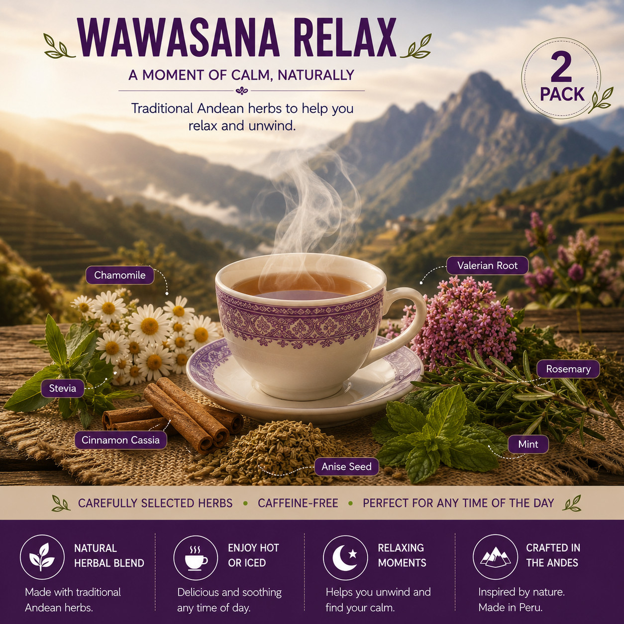 2 Pack Wawasana Relax Herbal Tea 50 Bags Natural Calm Sleep Blend Peru Chamomile