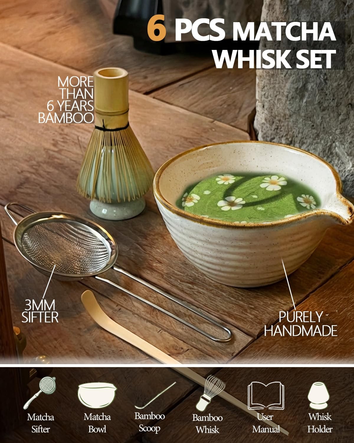 Matcha Whisk Set with Bowl, Holder, Scoop & Sifter Perfect Gift for Tea Lovers