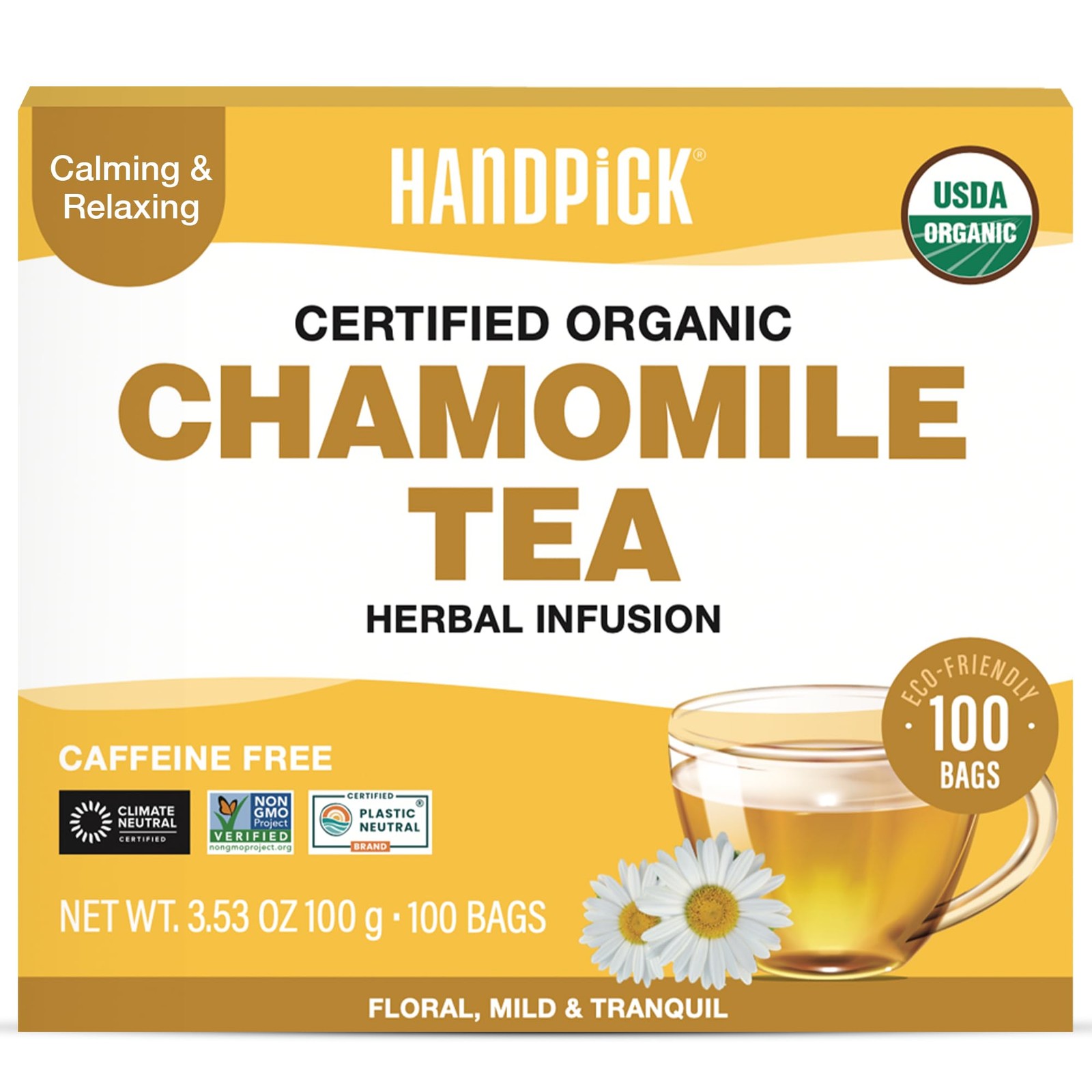 HANDPICK, Organic Chamomile Tea Bags (100 Herbal 100 Count (Pack of 1)