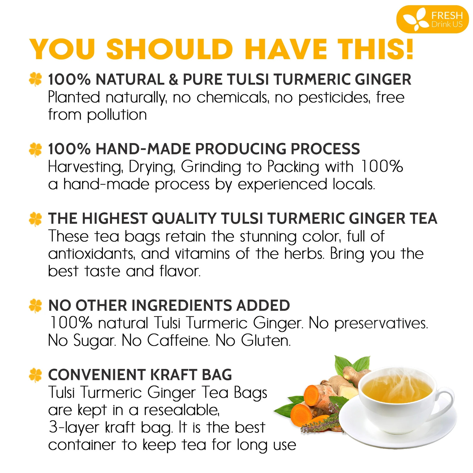 FreshDrinkUS, Premium 55 Tulsi Turmeric Ginger Tea Bags, 100% Natural & Pure fro