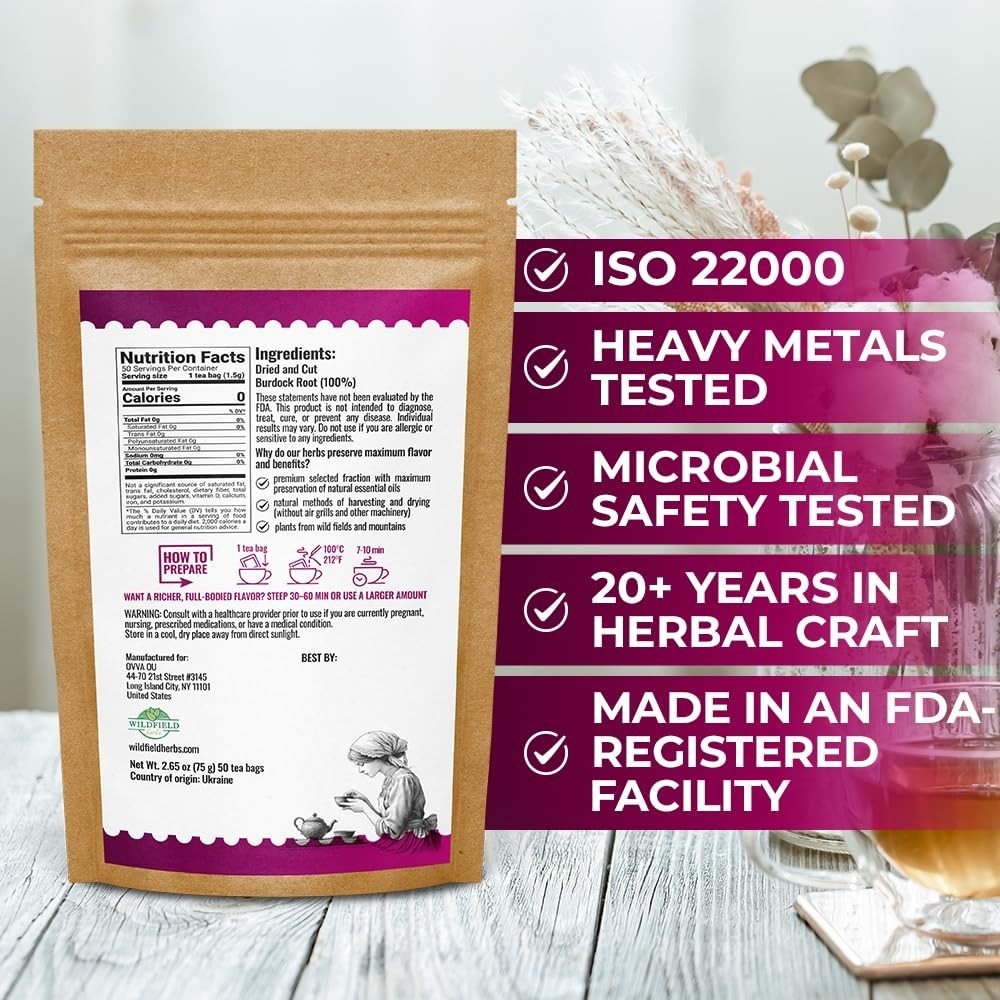 50 Count Burdock Root Herbal Tea Bags – Decaffeinated & Gluten Free