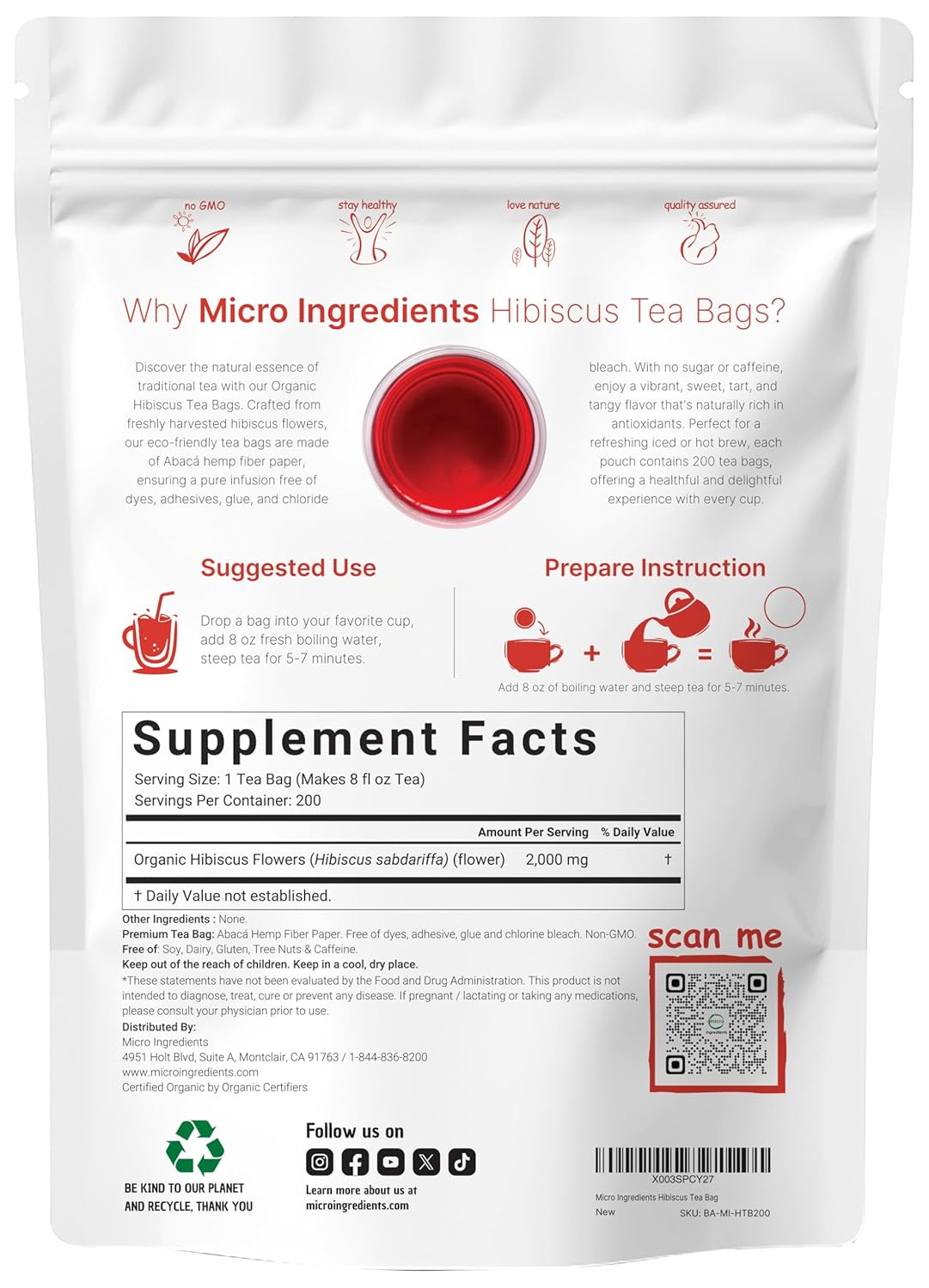 Organic Hibiscus Tea Bags, 200 Count | Premium Source from Hibiscus Flowers | Ca