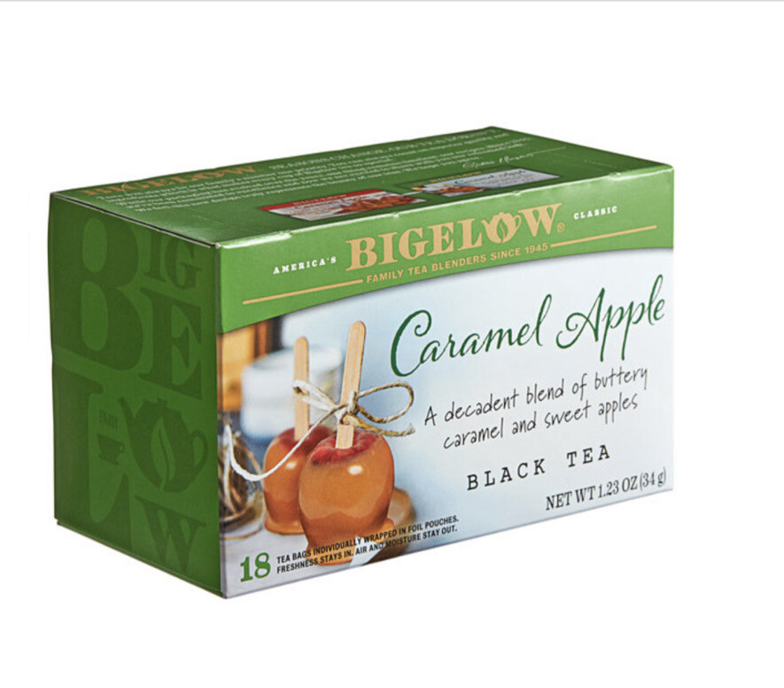 BIGELOW CARAMEL APPLE BLACK TEA, ONE BOX OF 18 TEA BAGS NEW, NON-GMO.