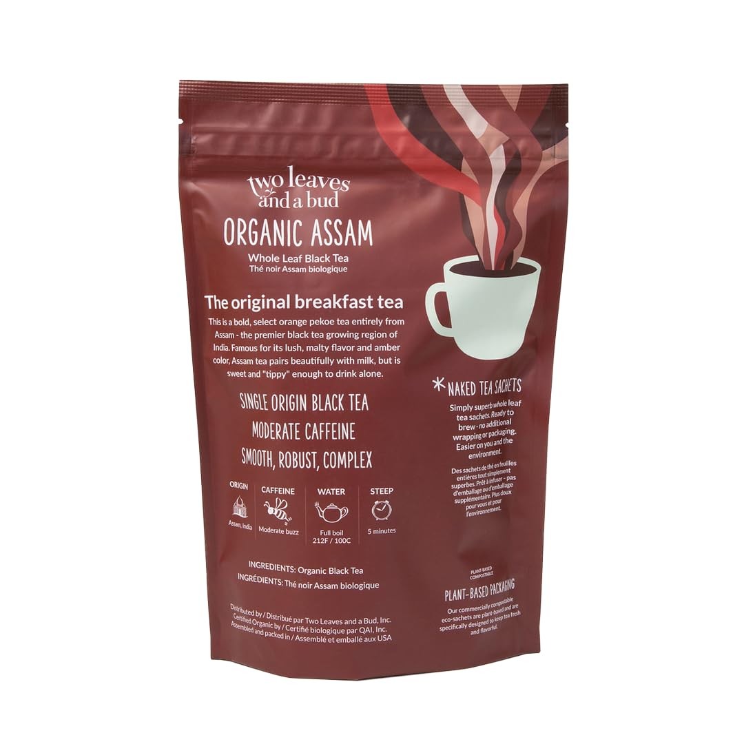 Two Leaves and a Bud Organic Assam 50 Naked Tea Sachets, Whole Leaf Black Te…